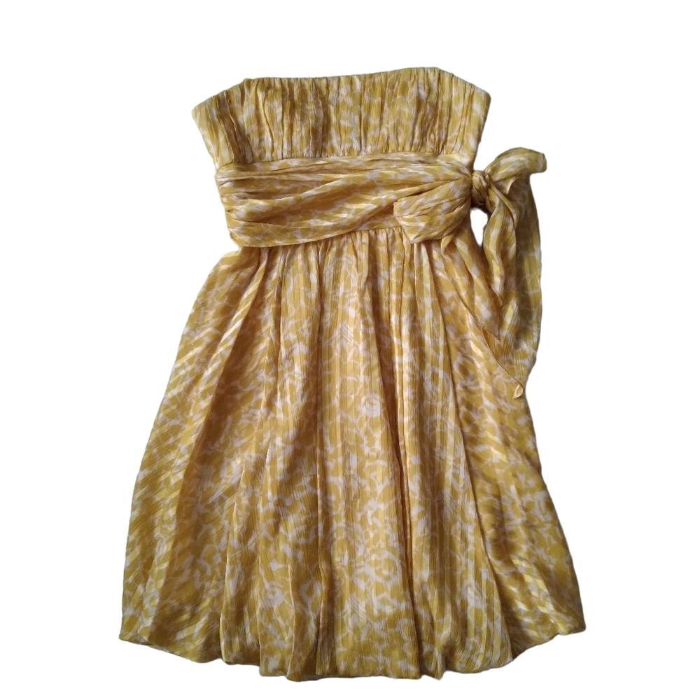 BCBGMAXAZRIA Yellow White Strapless Silk Bubble Hem Tie Front Mini Dress Size 2